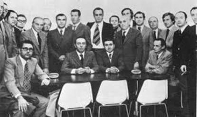 1970, un momento storico: la fondazione della Lega di Serie A. Si riconoscono nella foto: Allievi Jr., Germani, Gualco, Porelli, Rubini, Tesini, Sarti, Snaidero Jr., Morbelli  